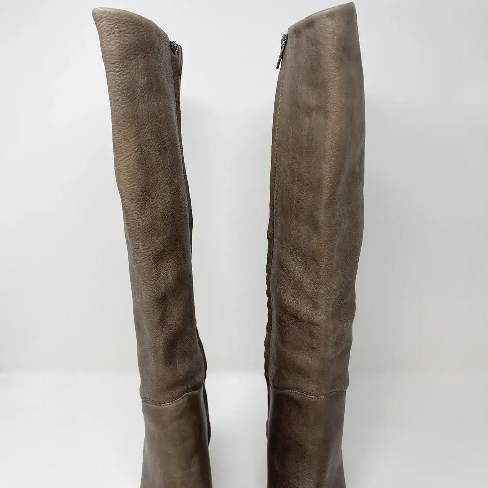 Kate Spade Size 6 Gray Leather Block Heeled Tall Boots Almond Toe Side Zipper